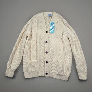 NWT John Molloy Wool Sweater XL Cable Knit Cardigan Ivory Ireland Chunky Vintage